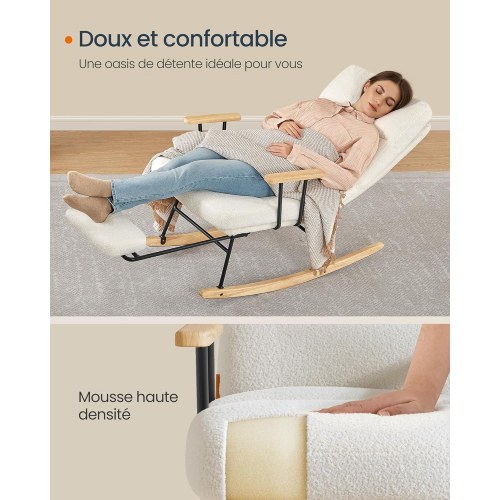 Gyngestol – SONGMICS HOME LYY016W01, justerbar ryglæn i 4 positioner, udtrækkelig fodstøtte, stålramme og gummitræslæbere, plys, 160 kg, cremehvid