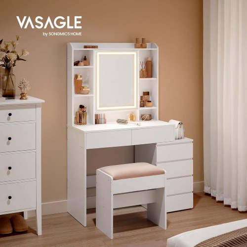 Toiletbord med LED-spejl skuffer, åbne rum, justerbare hylder og taburet, justerbar lysstyrke, moderne, Cloud White RDT125W01