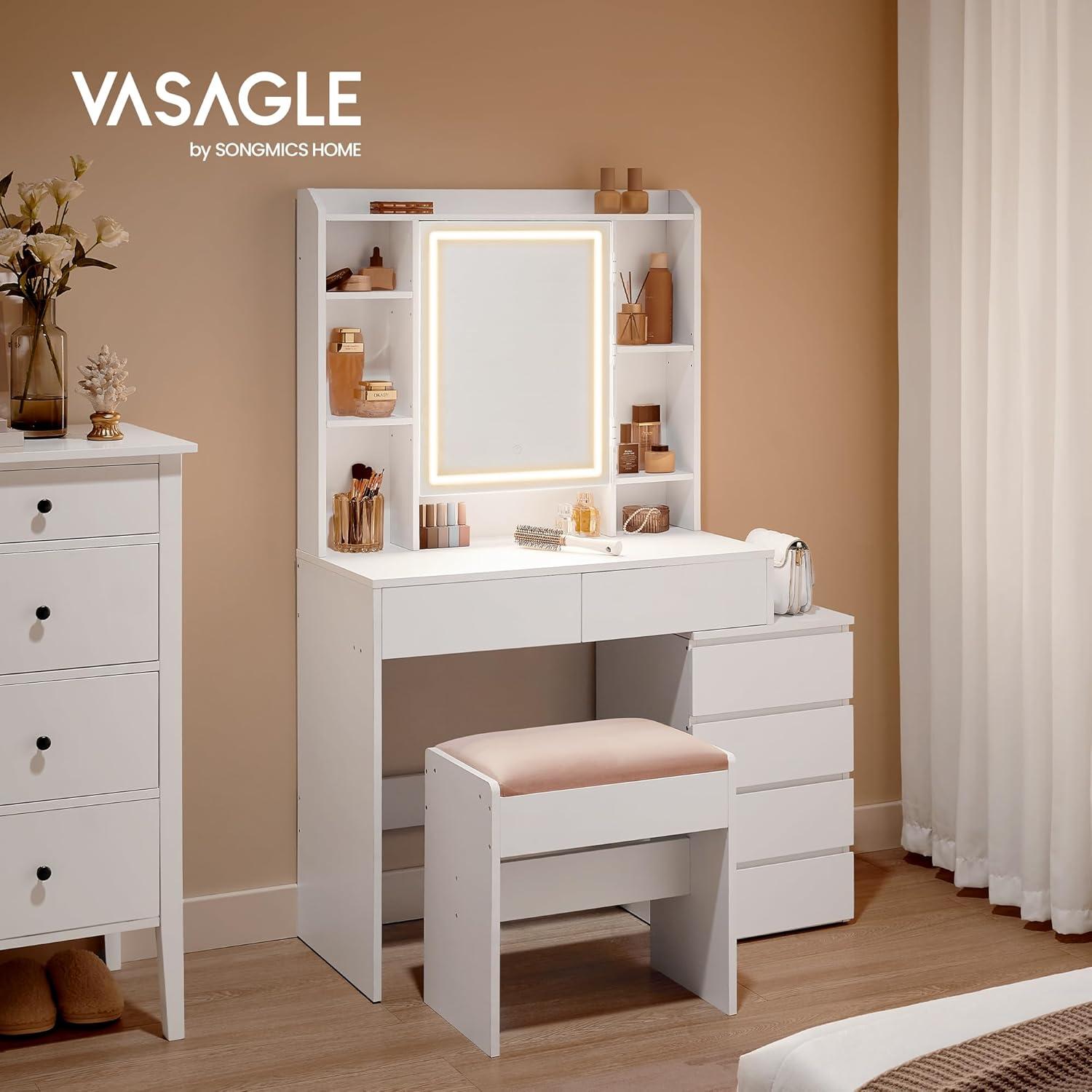 Toiletbord med LED-spejl skuffer, åbne rum, justerbare hylder og taburet, justerbar lysstyrke, moderne, Cloud White RDT125W01