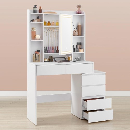 Toiletbord med LED-spejl skuffer, åbne rum, justerbare hylder og taburet, justerbar lysstyrke, moderne, Cloud White RDT125W01