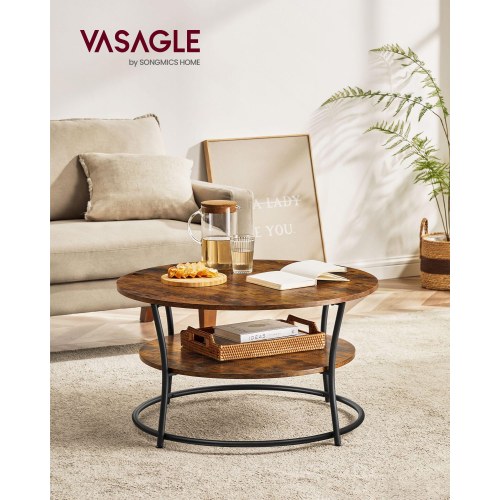 Sofabord rundt med hylde – VASAGLE, industrielt design, rustik brun (LCT80BX)
