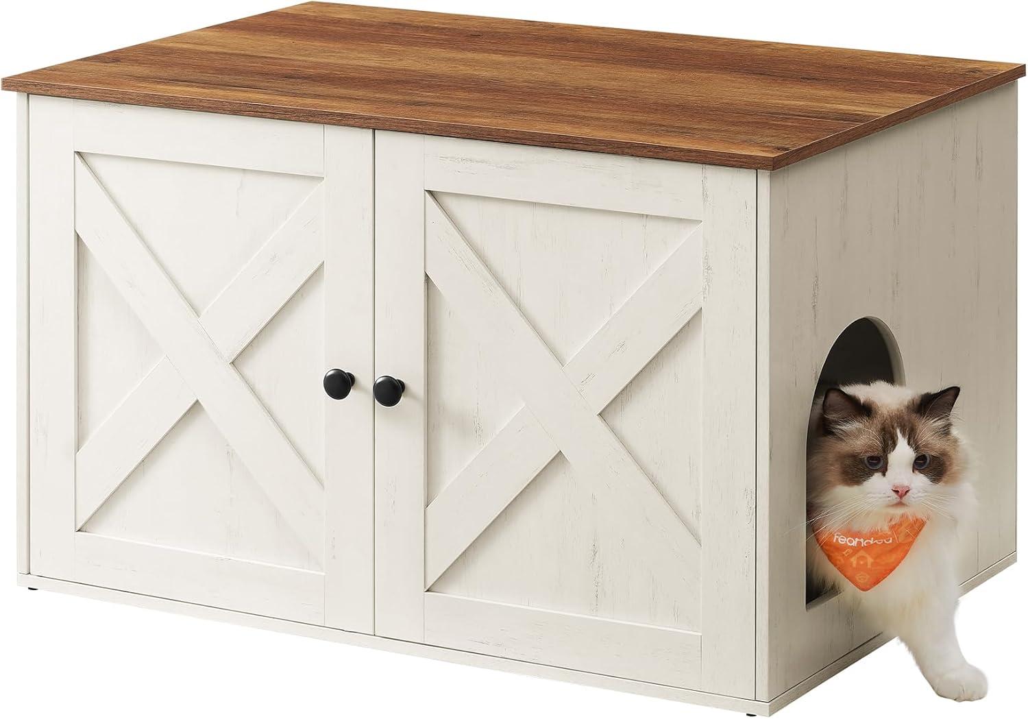 Kattebakke skab – FEANDREA skjult kattebakke-møbel med aftagelig skillevæg, indendørs kattehus/sidebord, 80 × 53 × 50 cm, honningbrun & rustik hvid