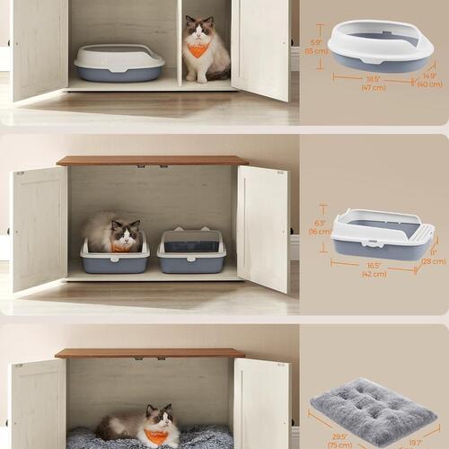 Kattebakke skab – FEANDREA skjult kattebakke-møbel med aftagelig skillevæg, indendørs kattehus/sidebord, 80 × 53 × 50 cm, honningbrun & rustik hvid