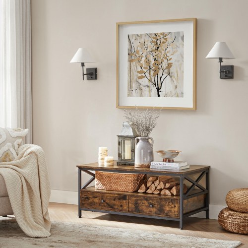 Sofabord industrielt, 2 skuffer, åbent hylderum, X-stel i stål, 100 × 55 × 45 cm, rustik brun/sort