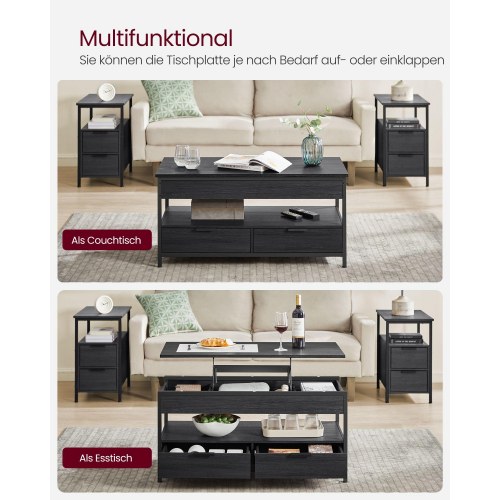 Sofabord med hæve-sænke bordplade skuffer, skjulte rum og åben hylde, kulgrå/sort (LCT209B22)