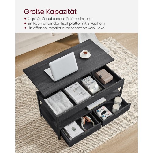 Sofabord med hæve-sænke bordplade skuffer, skjulte rum og åben hylde, kulgrå/sort (LCT209B22)