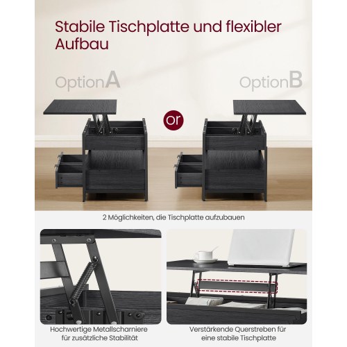 Sofabord med hæve-sænke bordplade skuffer, skjulte rum og åben hylde, kulgrå/sort (LCT209B22)
