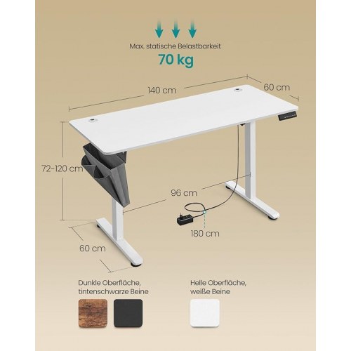 Hæve-sænkebord elektrisk 60 × 140 cm, 72–120 cm, hukommelse, Cloud White