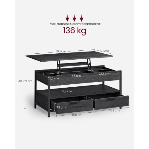 Sofabord med hæve-sænke bordplade skuffer, skjulte rum og åben hylde, kulgrå/sort (LCT209B22)