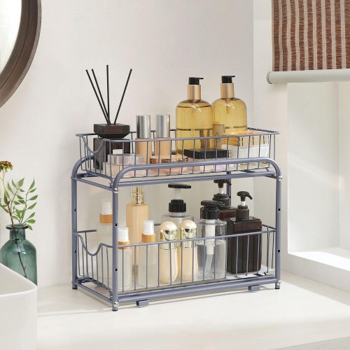 Køkkenorganizer med 2 udtrækskurve stabelbar, sølv (KCS017E01)