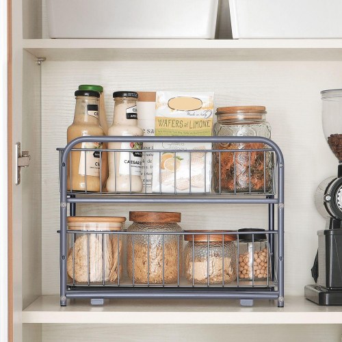 Køkkenorganizer med 2 udtrækskurve stabelbar, sølv (KCS017E01)