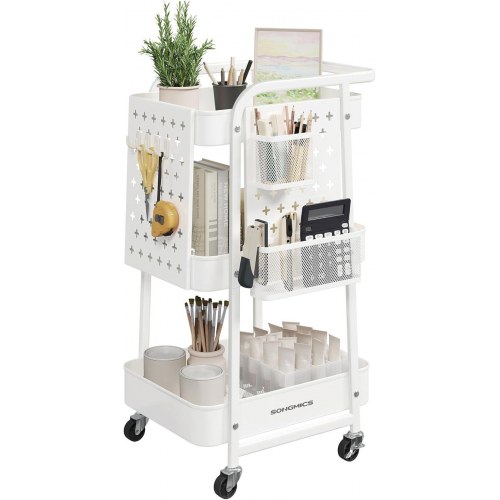 Rullebord med 3 hylder metalnet, aftagelige hulplader, hængekurve og kroge, Cloud White