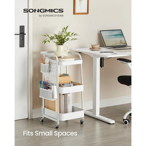 Rullebord med 3 hylder metalnet, aftagelige hulplader, hængekurve og kroge, Cloud White