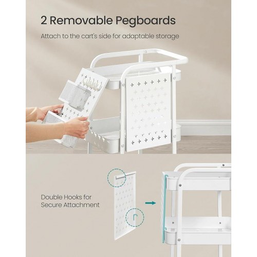 Rullebord med 3 hylder metalnet, aftagelige hulplader, hængekurve og kroge, Cloud White