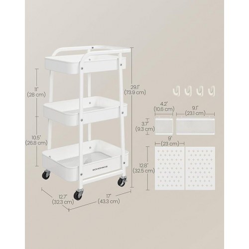 Rullebord med 3 hylder metalnet, aftagelige hulplader, hængekurve og kroge, Cloud White