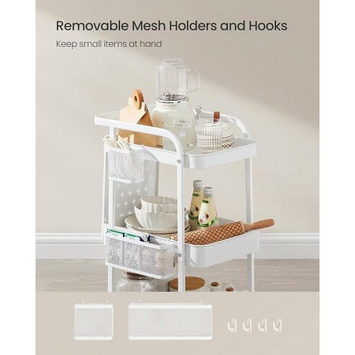 Rullebord med 3 hylder metalnet, aftagelige hulplader, hængekurve og kroge, Cloud White