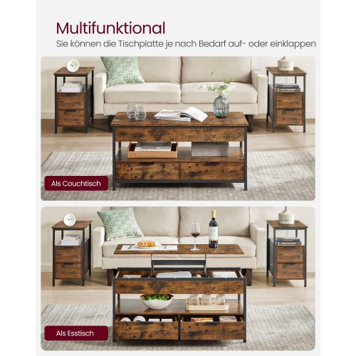 Sofabord med hæve/sænke-plade – VASAGLE, skuffer, skjulte rum og åben hylde, rustik brun/sort