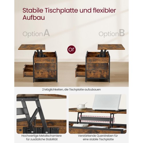 Sofabord med hæve/sænke-plade – VASAGLE, skuffer, skjulte rum og åben hylde, rustik brun/sort