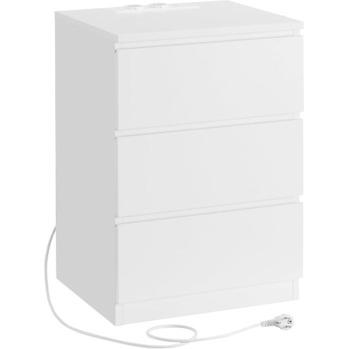 Sengebord med 3 skuffer skrå kant, 2 strømudtag & 2 USB-porte, Cloud White