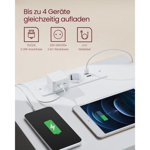 Sengebord med 3 skuffer skrå kant, 2 strømudtag & 2 USB-porte, Cloud White