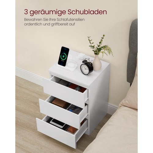 Sengebord med 3 skuffer skrå kant, 2 strømudtag & 2 USB-porte, Cloud White