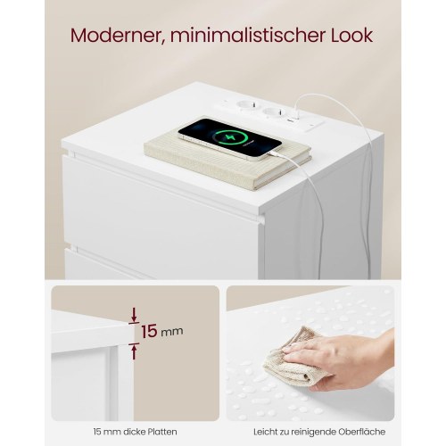 Sengebord med 3 skuffer skrå kant, 2 strømudtag & 2 USB-porte, Cloud White