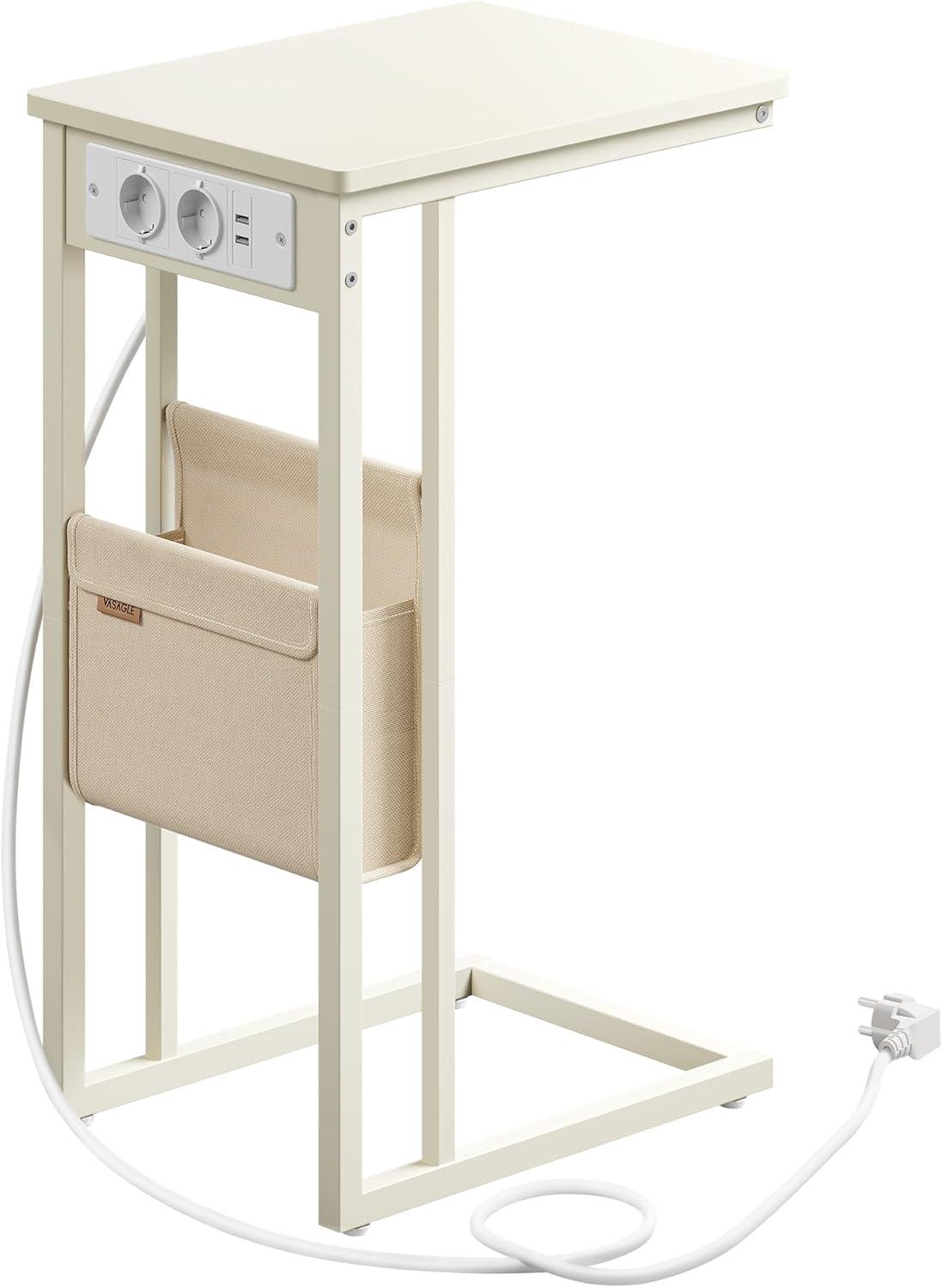 Sidebord med stik VASAGLE C-form, cremehvid, 2 USB + 2 strømudtag, opbevaringslomme