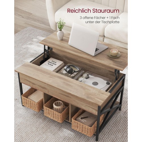 Sofabord med løftelåg – VASAGLE, højdejusterbart, åben og skjult opbevaring, X-stivere, 60 × 100 × 48–62 cm, kamelbrun/sort