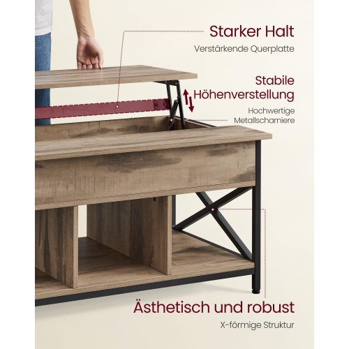 Sofabord med løftelåg – VASAGLE, højdejusterbart, åben og skjult opbevaring, X-stivere, 60 × 100 × 48–62 cm, kamelbrun/sort