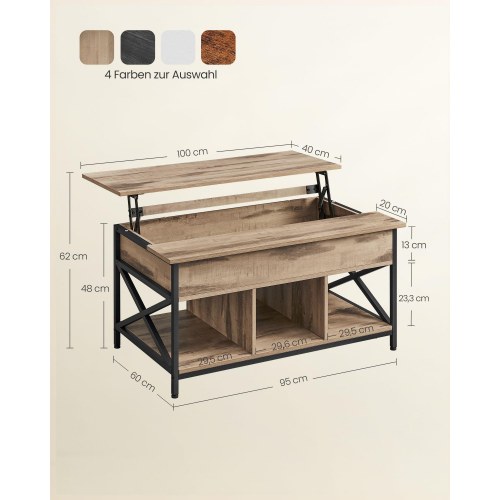 Sofabord med løftelåg – VASAGLE, højdejusterbart, åben og skjult opbevaring, X-stivere, 60 × 100 × 48–62 cm, kamelbrun/sort