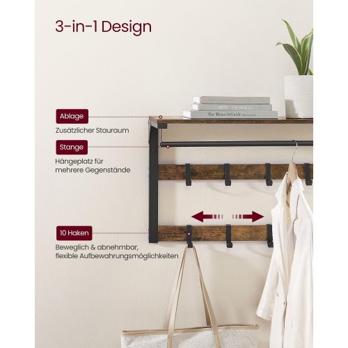 Vægmonteret knagerække med hylde 10 aftagelige kroge, 2 bøjleskinner, vintage sort, 30 × 80 × 42 cm