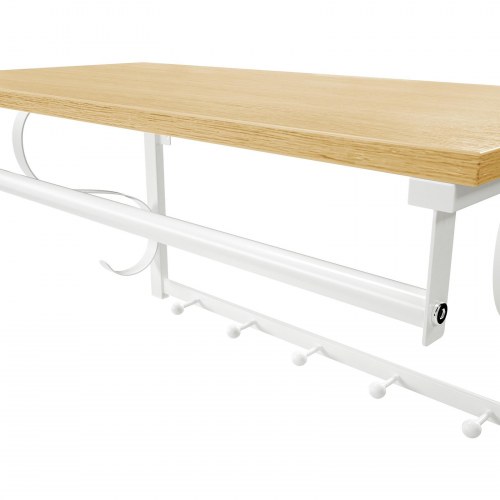 Knagerække med hylde vægmonteret eg/hvid, 60 cm med bøjlestang og 5 kroge