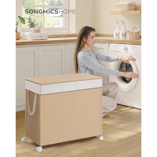 Vasketøjskurv på hjul HOME, 3 rum, 140 l, låg, aftagelig inderpose, natur beige/mat hvid