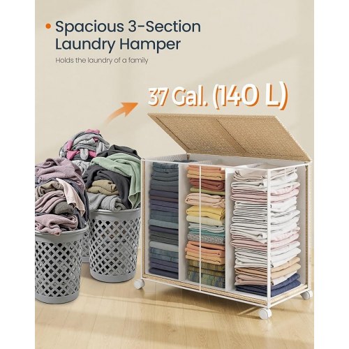 Vasketøjskurv på hjul HOME, 3 rum, 140 l, låg, aftagelig inderpose, natur beige/mat hvid