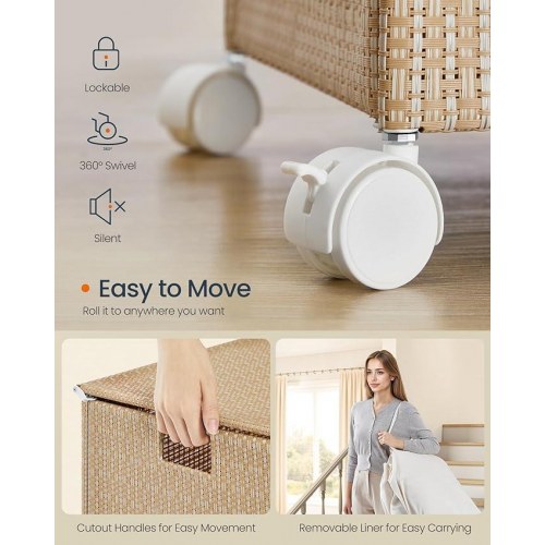 Vasketøjskurv på hjul HOME, 3 rum, 140 l, låg, aftagelig inderpose, natur beige/mat hvid