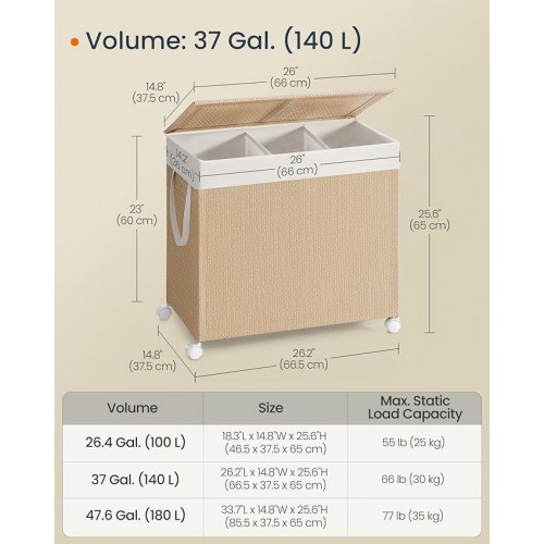 Vasketøjskurv på hjul HOME, 3 rum, 140 l, låg, aftagelig inderpose, natur beige/mat hvid