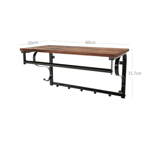 Knagerække med hylde vægmonteret, industrielt design, rustik brun/sort, 60 × 30 cm, 5 kroge og bøjlestang