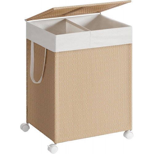 Vasketøjskurv med hjul HOME, 2 rum, 100 l, med låg, natur beige/mat hvid