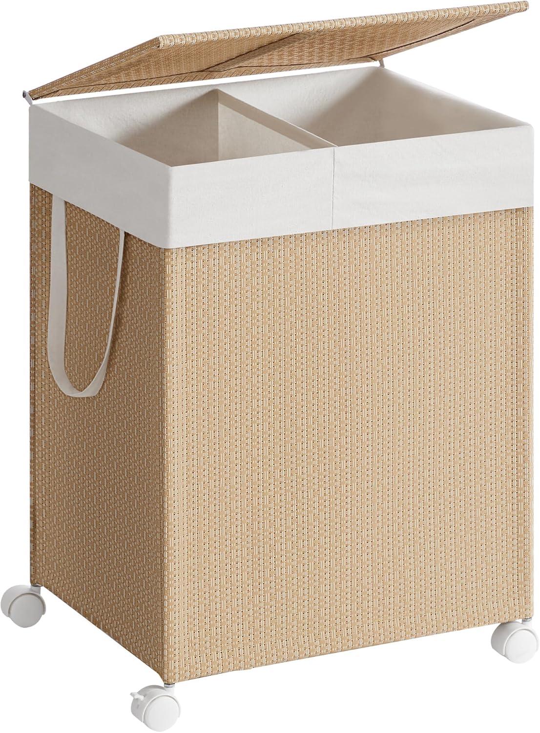 Vasketøjskurv med hjul HOME, 2 rum, 100 l, med låg, natur beige/mat hvid