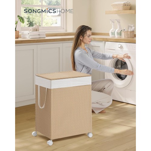 Vasketøjskurv med hjul HOME, 2 rum, 100 l, med låg, natur beige/mat hvid