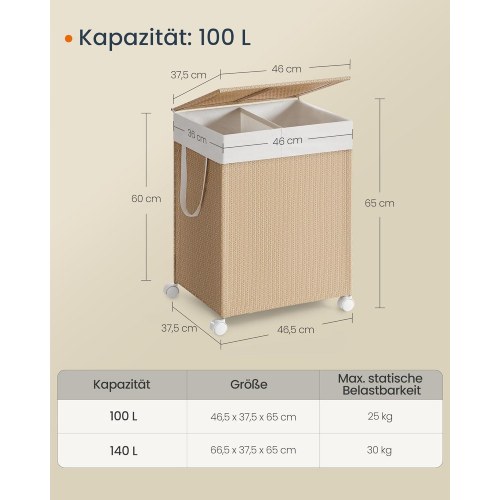 Vasketøjskurv med hjul HOME, 2 rum, 100 l, med låg, natur beige/mat hvid
