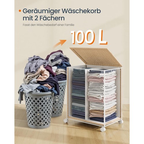 Vasketøjskurv med hjul HOME, 2 rum, 100 l, med låg, natur beige/mat hvid