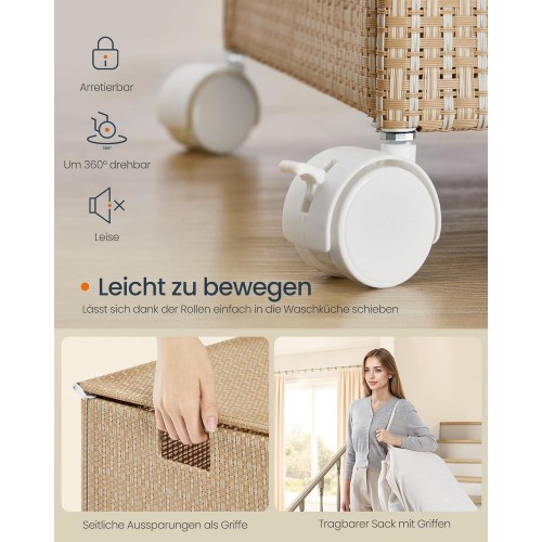 Vasketøjskurv med hjul HOME, 2 rum, 100 l, med låg, natur beige/mat hvid