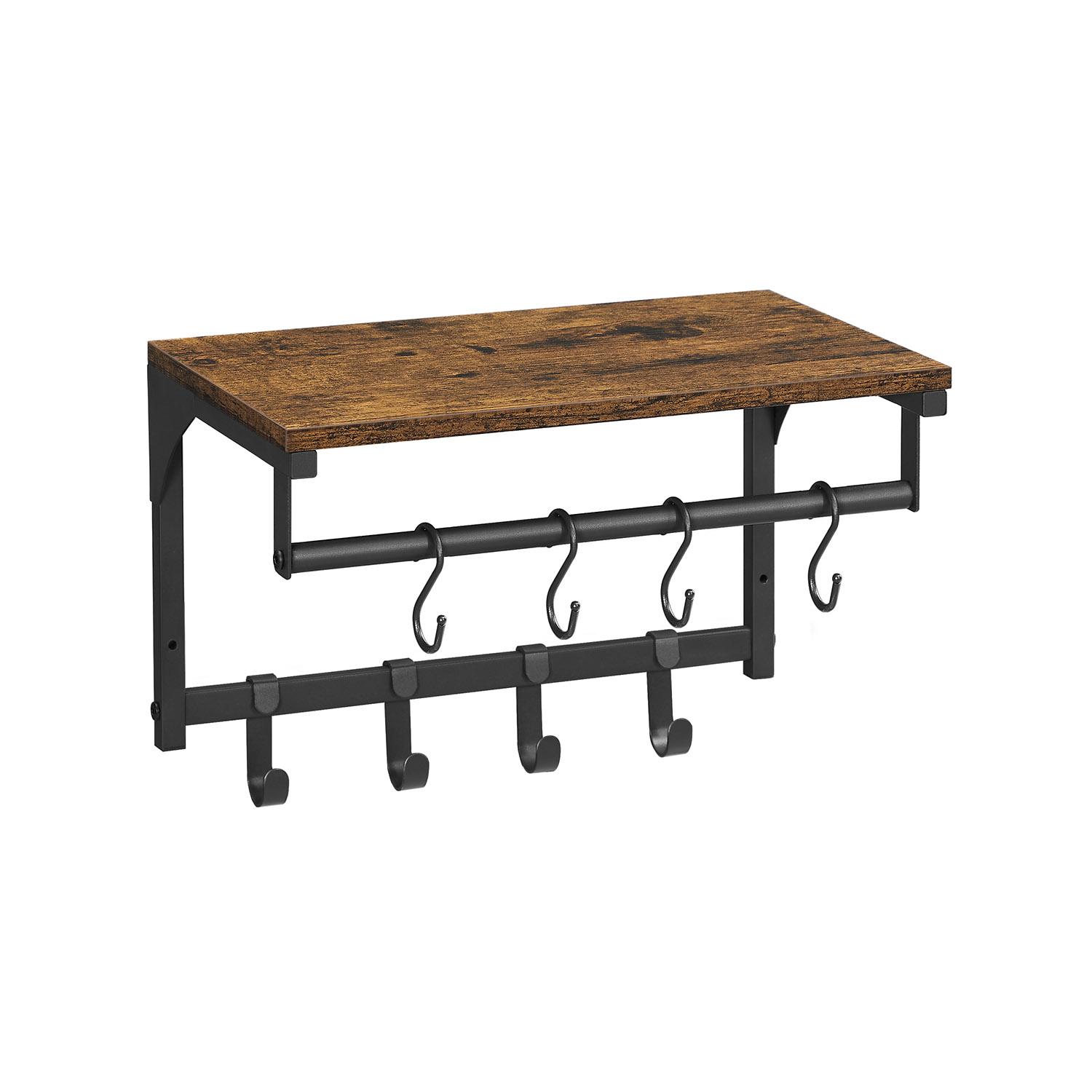 Vægmonteret knagerække med hylde 8 aftagelige kroge, tøjstang, vintage brun/sort (LCR103B01)