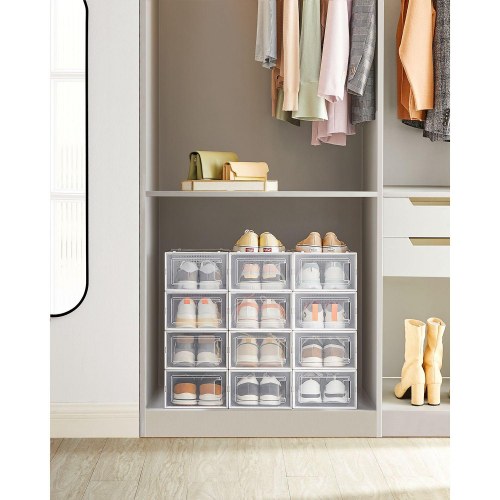 Skotøjsbokse 12 stk. stabelbare gennemsigtige opbevaringsbokse til sko, foldbare, passer op til UK størrelse 10,5, hvid