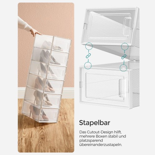 Skotøjsbokse 12 stk. stabelbare gennemsigtige opbevaringsbokse til sko, foldbare, passer op til UK størrelse 10,5, hvid