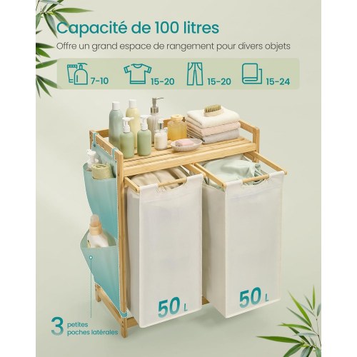 Vasketøjskurv med 2 rum bambus, 100 l med hylde og sidelommer, cremehvid 63 × 33 × 78 cm