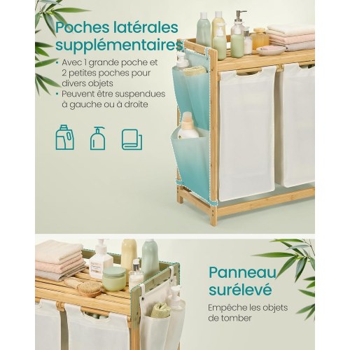 Vasketøjskurv med 2 rum bambus, 100 l med hylde og sidelommer, cremehvid 63 × 33 × 78 cm