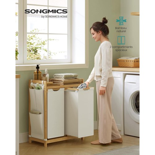 Vasketøjskurv med 2 rum bambus, 100 l med hylde og sidelommer, cremehvid 63 × 33 × 78 cm