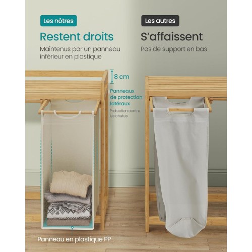 Vasketøjskurv med 2 rum bambus, 100 l med hylde og sidelommer, cremehvid 63 × 33 × 78 cm